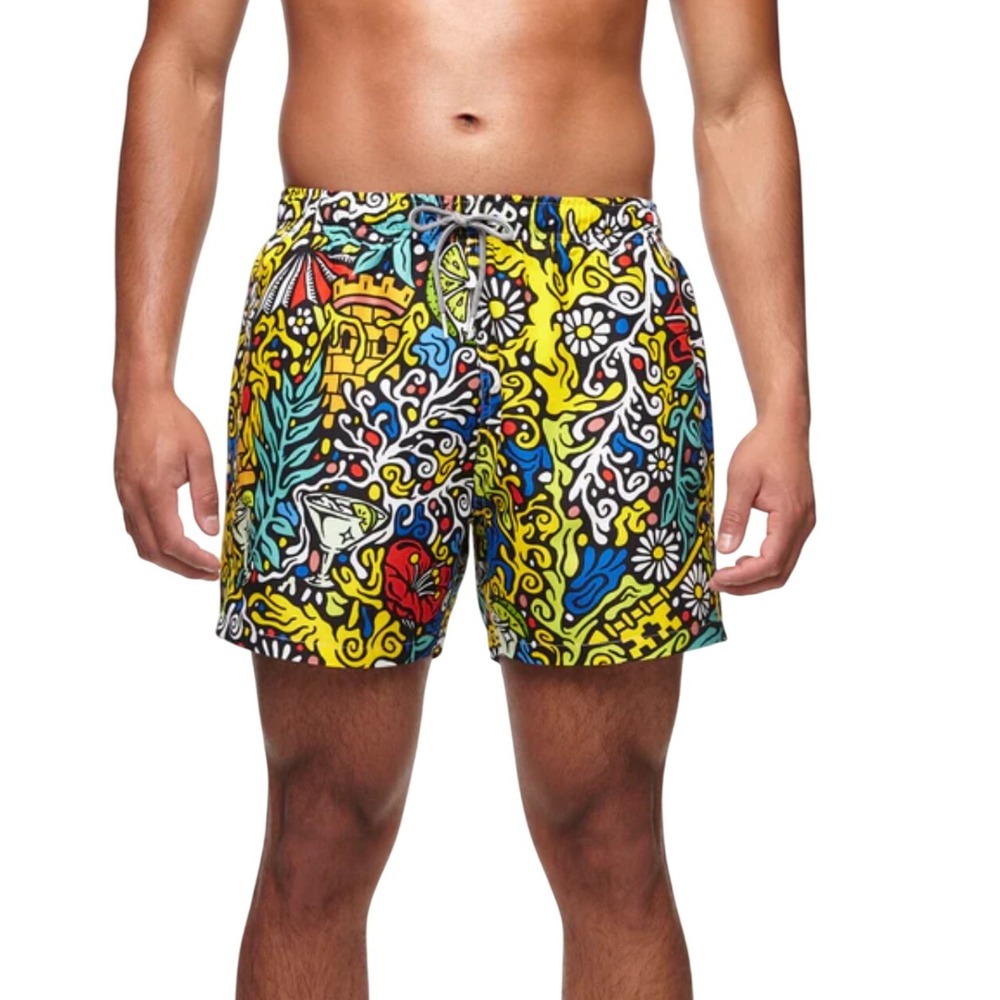 Boardies Swim Trunks Mens Small Multicolor Doodle Print Tropical Beach Shorts